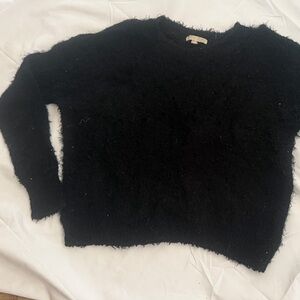 Ultra Flirt Black Fuzzy Crewneck Sweater with open shoulders